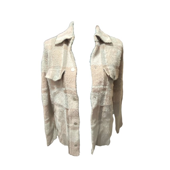 Rachel Zoe Cream Plaid Fuzzy Snap Front Button Shacket Jacket Long Sleeve XS - Picture 4 of 6